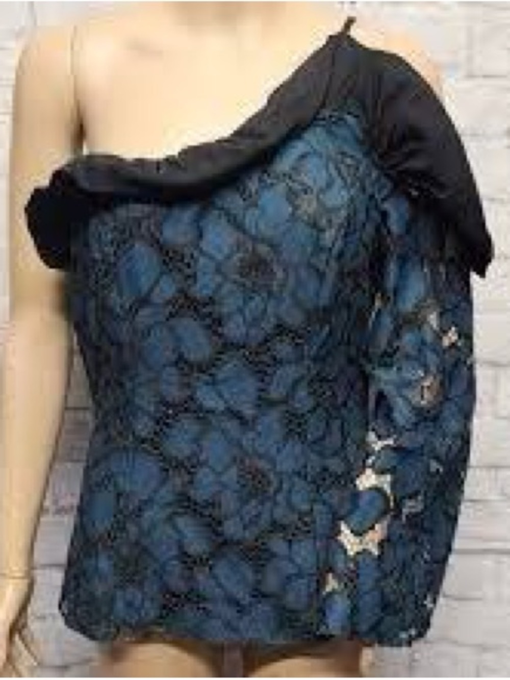 VENUS Blue Lace One-Shoulder Top with Black Trim